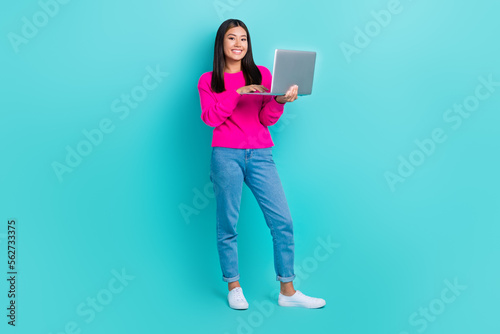Full length photo of pretty positive lady wear pink sweater chatting twitter telegram facebook isolated turquoise color background