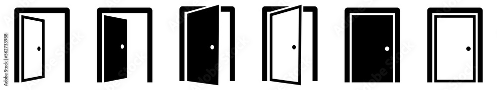Set of door on white background. Simple line frame set. Open-close door. Doorway. Set of door on white background. Simple line frame set. Open-close door. Doorway.