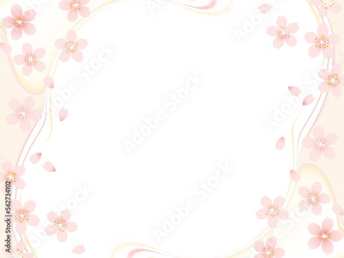 優しい春色の流線に桜の花が綺麗なフレーム背景イラスト