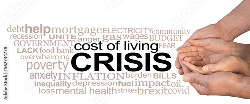 Cost of Living Crisis male cupped hands around female cupped hands seeking help beside a relevant word cloud  photo