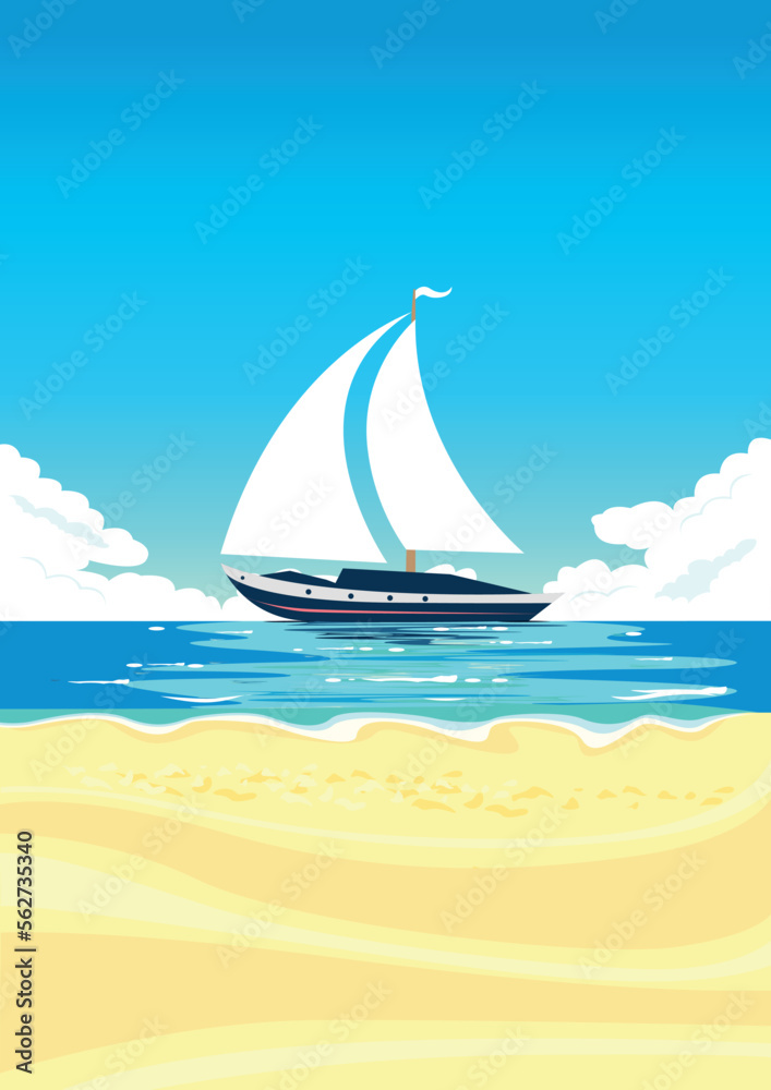 Sailboat on a tropical beach. Vector illustration of a summer holiday by the sea. Summer landscape.