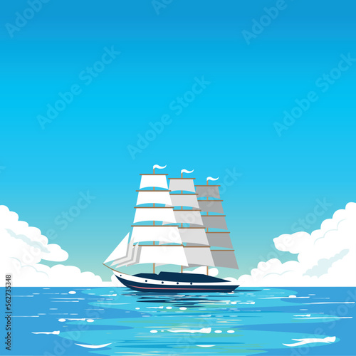 Large sailing ship on azure water. Calm on the sea. Vector illustration of sea travel, exploration and recreation.
