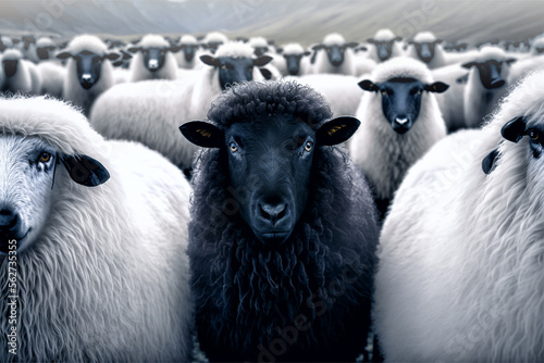 black sheep in a flock of white sheeps