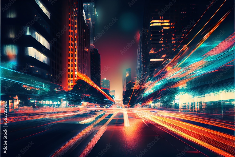 Abstract cityscape with motion blur and light trails at night. Generative AI