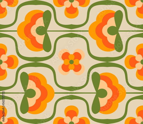 70's retro seamless vector pattern. Geometric floral vintage background. Abstract seventies texture