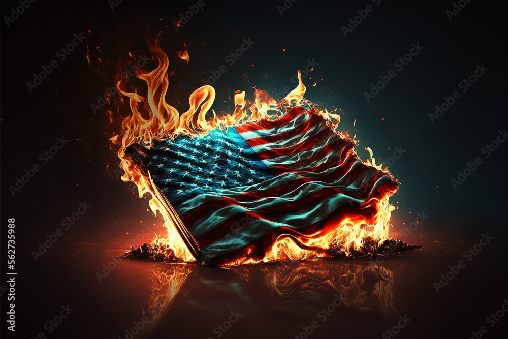 The American People Series #18: The Flag Is Bleeding Burning American flag on fire conceptual image Stock Illustration