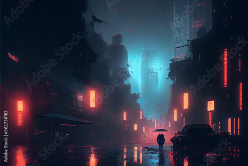 Cyberpunk illustration of a futuristic. dystopian city at night with rain and fog. Generative AI