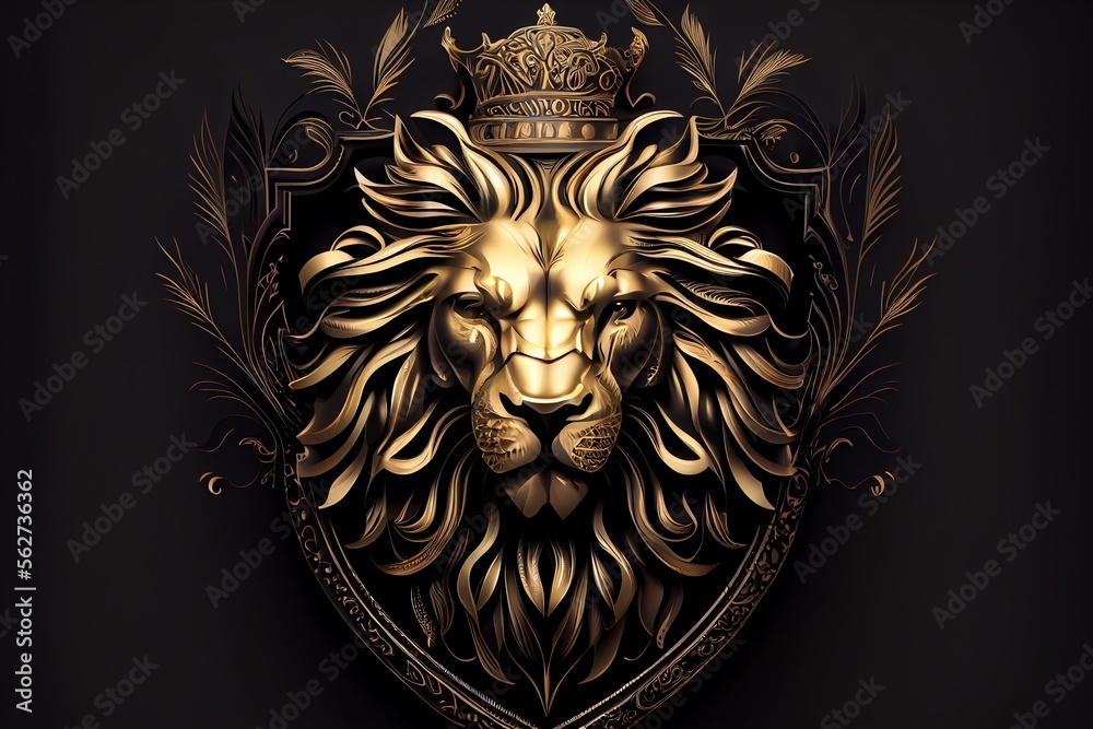 Golden lion head with a crown in a decorative shield on a black ...