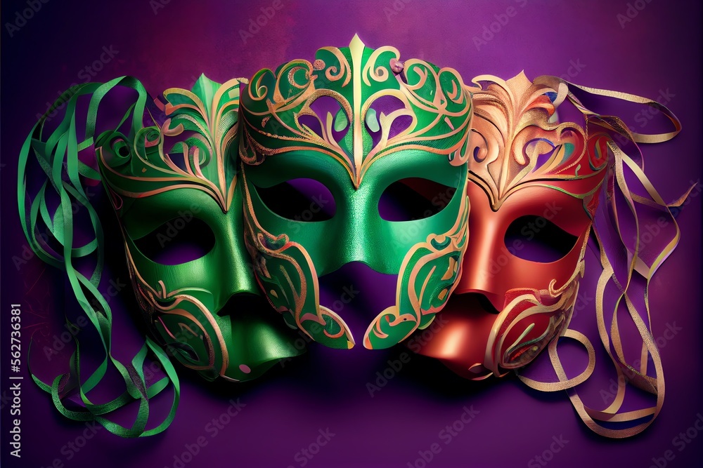 Group of three colorful masks on a green and purple background with ribbons. Generative AI