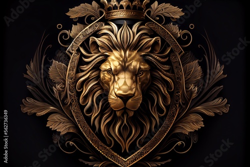 Golden lion head with a crown in a decorative shield on a black background. Generative AI