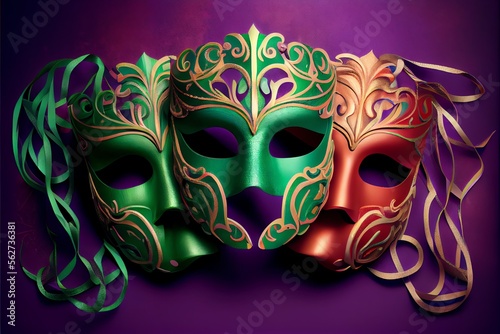 Group of three colorful masks on a green and purple background with ribbons. Generative AI
