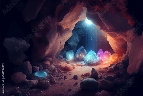 Fotografija A mystical cavern with magical crystals. Generative AI