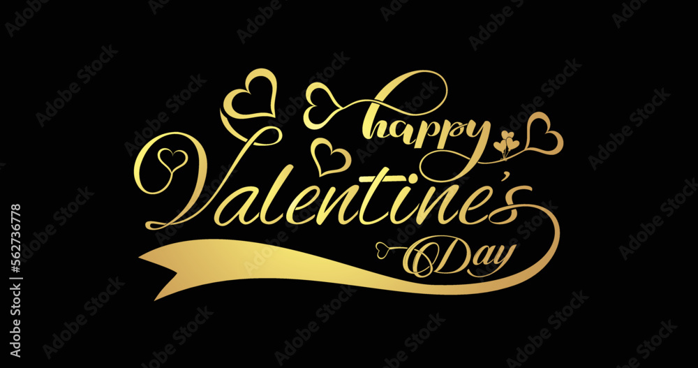 Lettering Happy Valentine's Day banner. Valentine's Day greeting card template with typography text happy valentine`s day and heart symbols in golden color on the black background. Vector illustration Lettering Happy Valentine's Day banner. Valentine's Day greeting card template with typography text happy valentine`s day and heart symbols in golden color on the black background. Vector illustration