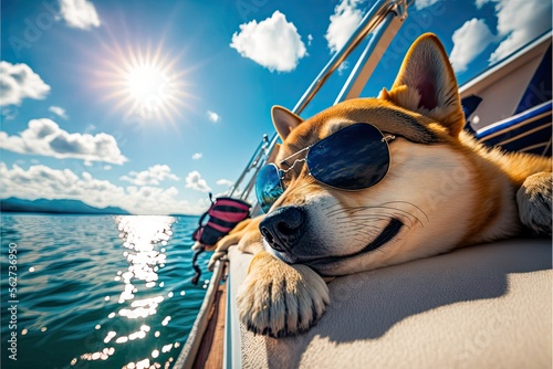 sleeping Shiba Inu with sunglasses lying On the yacht. Generative AI