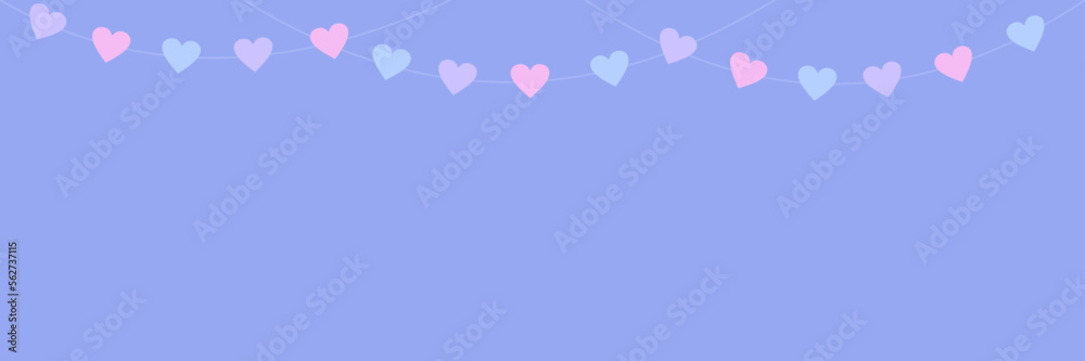 Garland with pink, purple and blue hearts on a purple background with copy space. Valentine's day holiday banner. Flat vector illustration