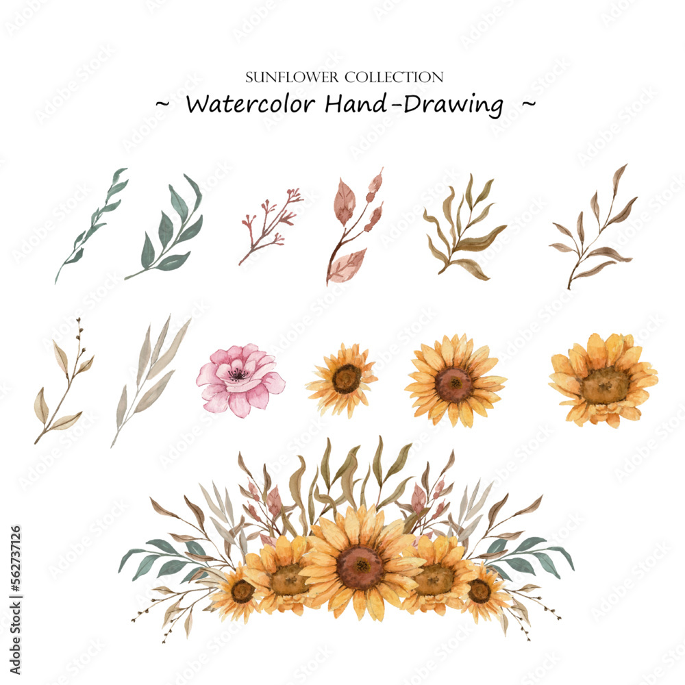 Beautiful watercolor bouquet sunflowers and brown color leave set