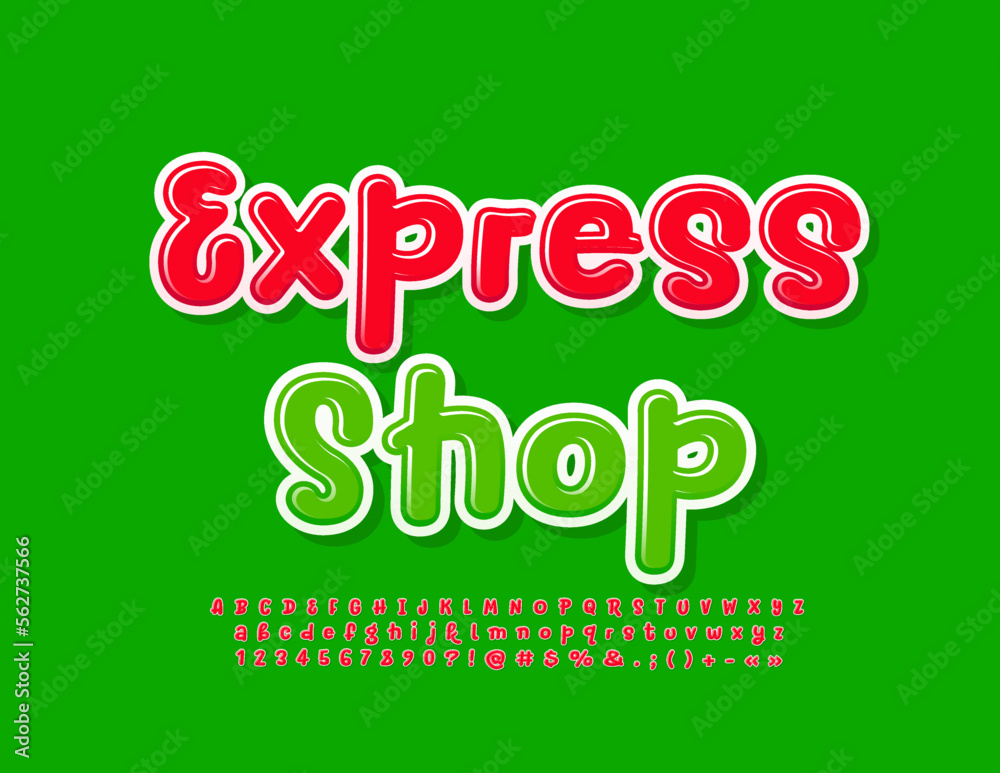 Vector business sign Express Shop. Playful Red Font. Modern handwritten Alphabet Letters and Numbers Vector business sign Express Shop. Playful Red Font. Modern handwritten Alphabet Letters and Numbers