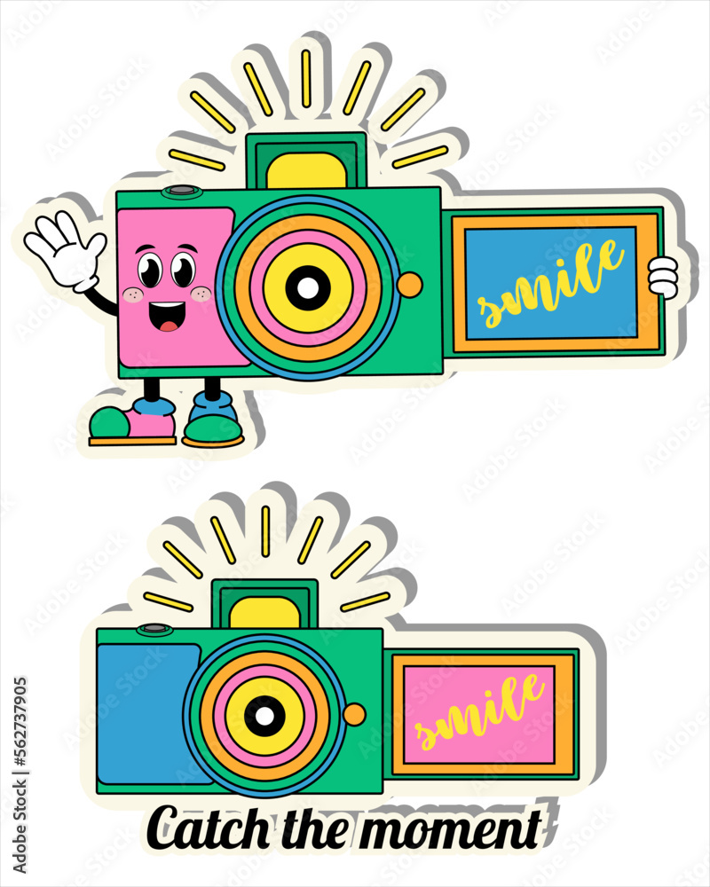 Obraz premium Tourist stickers (Hiking)! Vector video camera! Children's stickers! 