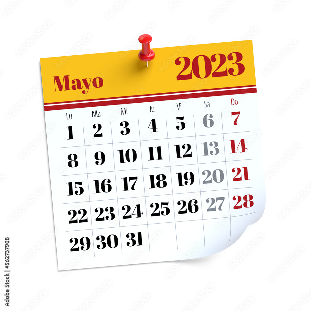 May Calendar 2023 in Spanish Language. Isolated on White Background. 3D Illustration