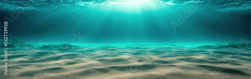 underwater scene with rays of light and sand floor, generative ai background 