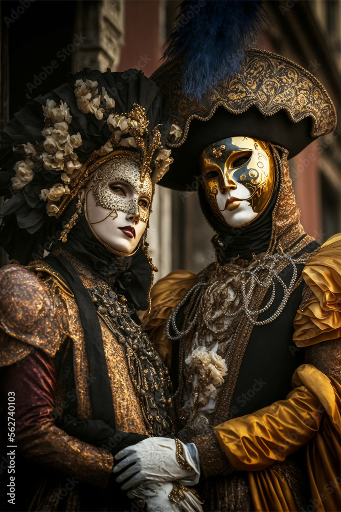 Venetian Carnival Masquerade Illustration, Luxury Ornate Venetian Masks and Costumes, Fictional Characters, Generative AI - obrazy, fototapety, plakaty 