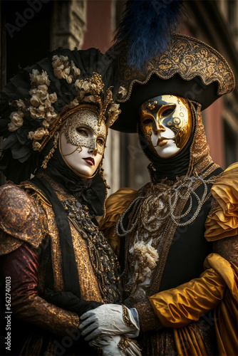 Venetian Carnival Masquerade Illustration, Luxury Ornate Venetian Masks and Costumes, Fictional Characters, Generative AI