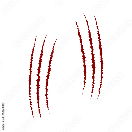 Scratch claw blood mark. Wild animal, monster or dinosaur talons trace. Red sharp torn edges texture isolated on white background. Scary horror symbol. Laceration print. Vector flat illustration