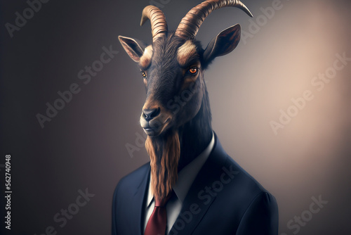 Portrait of a goat in a stylish business suit. Generative AI. Businessman goat illustration.  photo