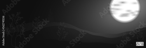 Black and White Halloween Festive Background. Haunted Castle on Mountain. Witches in the Moonlight Sky. Holiday Wallpapers. Vector. 3D Illustration