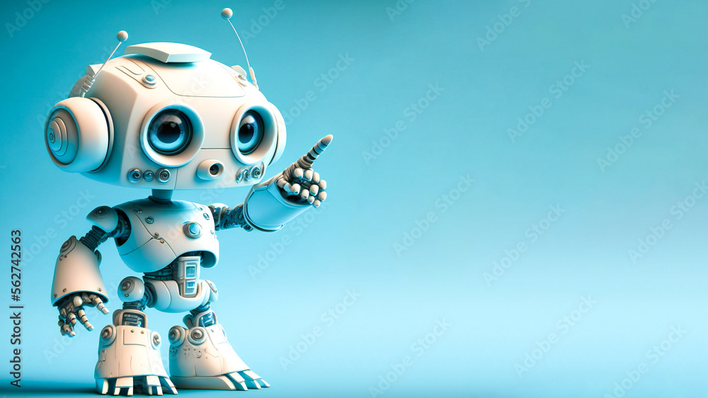 Cute white robot on blue background pointing at a subject, ai generated