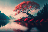 red tree in the middle of a river, nature, landscape, art illustration