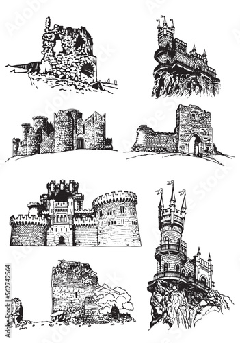 Graphical set of medieval catles isolated on white, vector illustration.Architecture