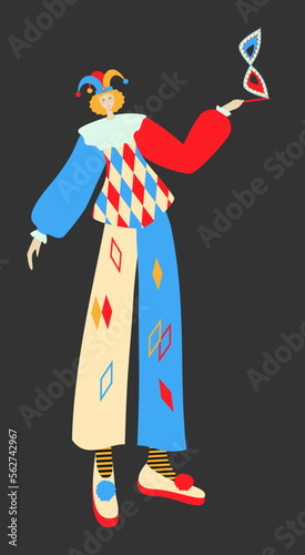 Harlequin. Stock character of pantomime and commedia dell'arte. Italian comedy Circus, carnival banner design element Vector illustration. Isolated on black background