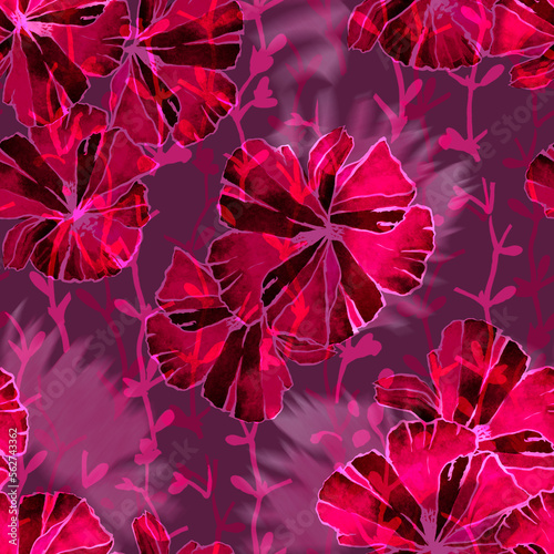 Hand drawing red flowers. Seamless botanical pattern. Watercolor illustration.