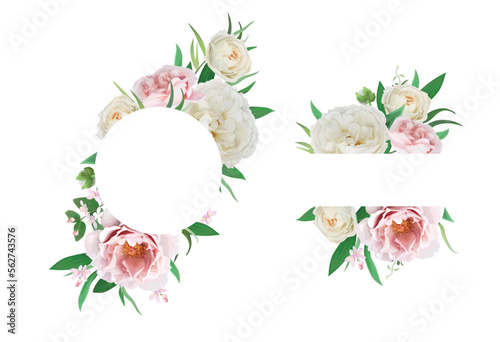 Floral border  frame set. Pink peach peony flower  ivory cream rose flowers  green leaves bouquet editable vector Illustration. Chic wedding  elegant greeting template design isolated white background