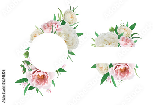 Floral border, frame set. Pink peach peony flower, ivory cream rose flowers, ...