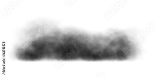 Black smoke cloud, dirty toxic fog or smog. Black fume texture isolated on white background. Vector realistic illustration of dark  smoky