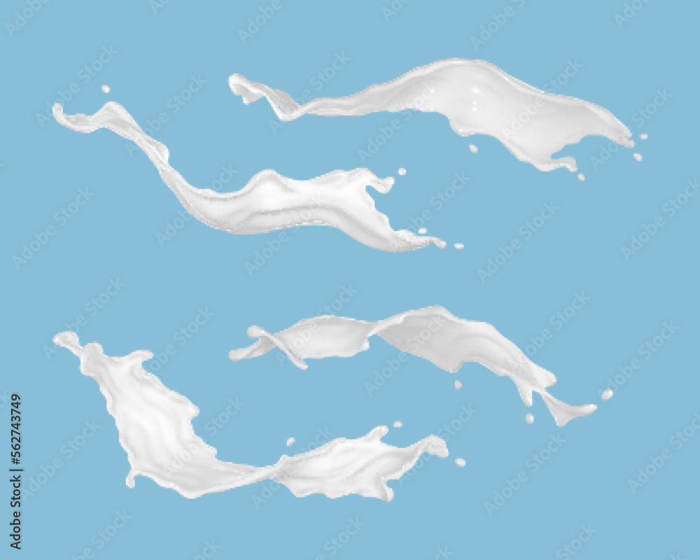 Milk splashes set isolated on blue background. Natural dairy product, yogurt or cream splash. Realistic vector illustration Milk splashes set isolated on blue background. Natural dairy product, yogurt or cream splash. Realistic vector illustration