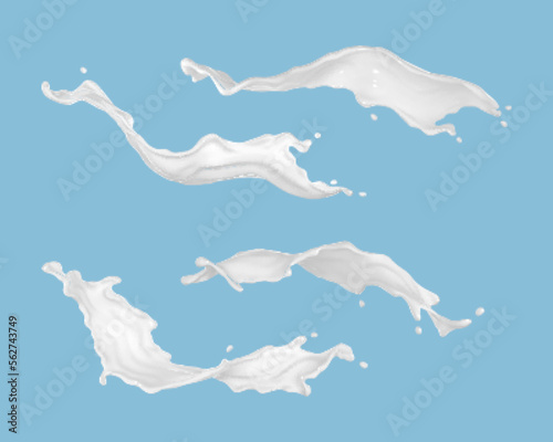 Milk splashes set isolated on blue background. Natural dairy product, yogurt or cream splash. Realistic vector illustration