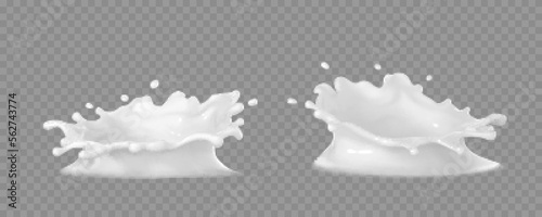 Milk crown splashes isolated on transparent background. Vector realistic milk splash.