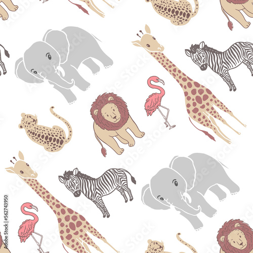 Safari theme seamless vector pattern with hand drawn illustrations of african animals 