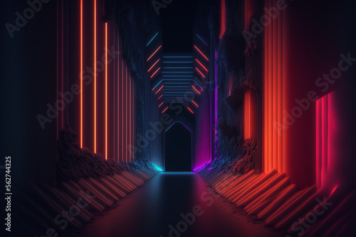 long hallway lit with neon lights background clounds neon Generative AI, IA, Generativa