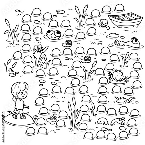 Puzzle for children. Labyrinth. Coloring page outline of the swamp through which the boy must be led. Coloring book for children.