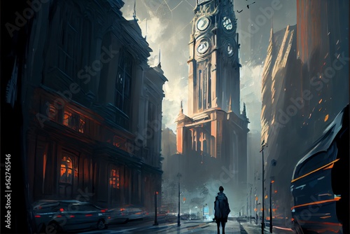 Person walking down a city street with tall buildings and a clock tower in a digital painting style. Generative AI