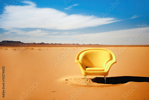 Yellow chair in the middle of the desert. Generative AI photo