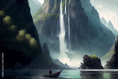 Waterfall in a mountain with a boat and person in a kayak. and a mountain range in the background. Generative AI