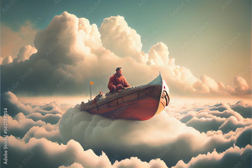 Illustration of a man on a boat navigating a sea of clouds in a surreal ...