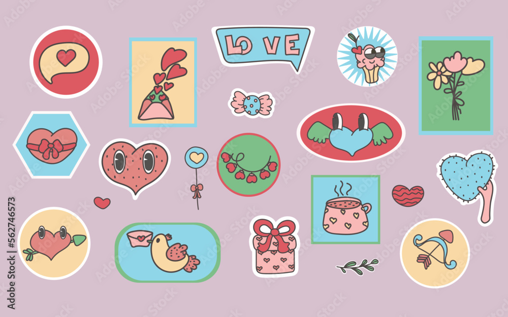 Cartoon romantic love valentines day elements and stickers. Heart shape. Valentines day romantic objects. Groovy elements collection. retro