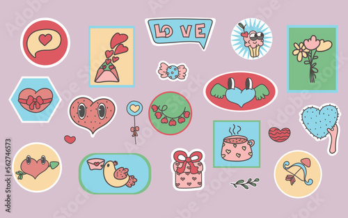 Cartoon romantic love valentines day elements and stickers. Heart shape. Valentines day romantic objects. Groovy elements collection. retro