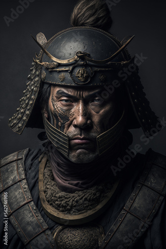 Fotografia Portrait of Samurai in traditional clothes, Japanese medieval warrior in armor,